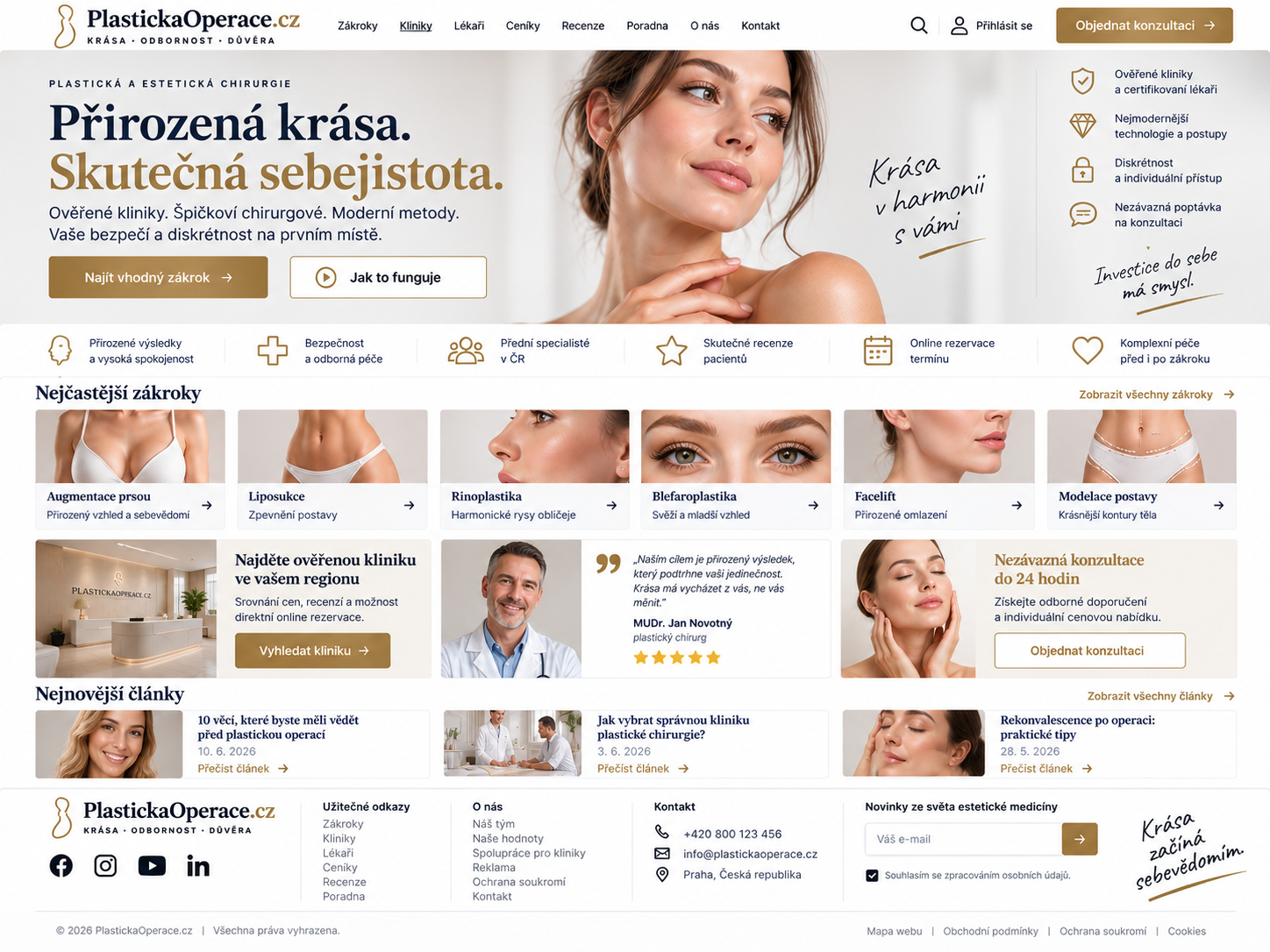 Ilustrační návrh zdravotnického webu v tmavě modré, zlaté a bílé paletě